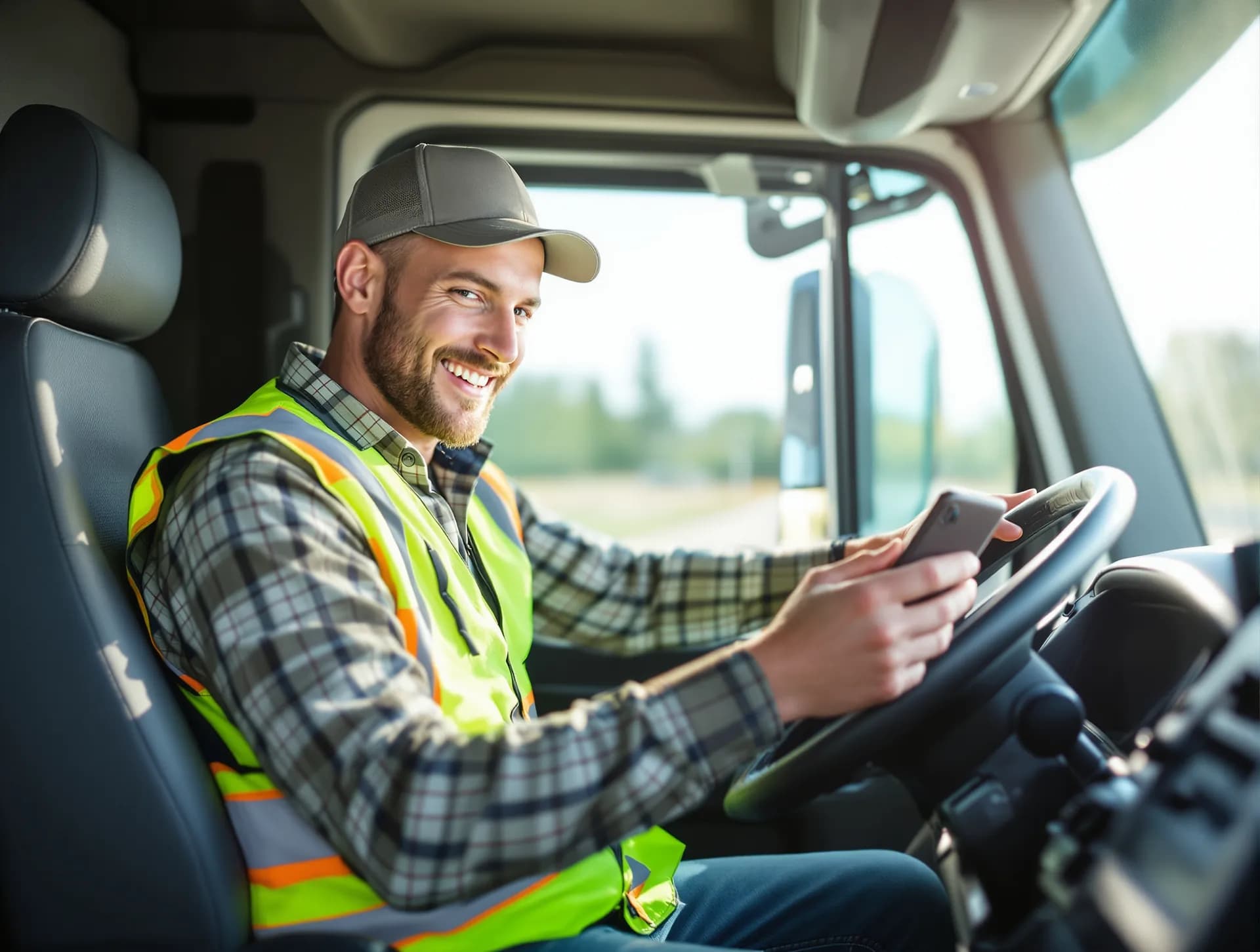 A truck driver in the cab checking his pickup pass on his phone