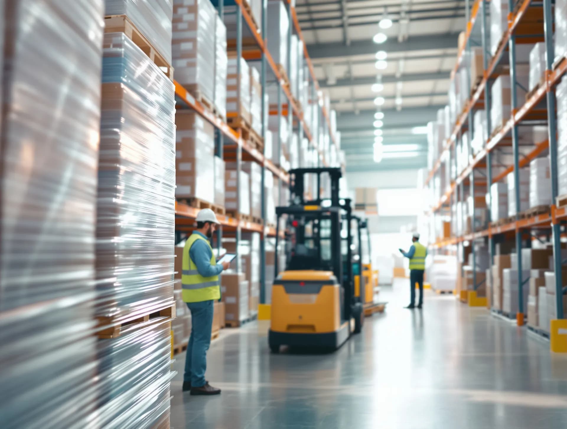 Warehouse staff counting shrink-wrapped pallets with a tablet beside a forklift